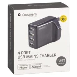 Goodmans 4 Port USB Fast Charger - Black