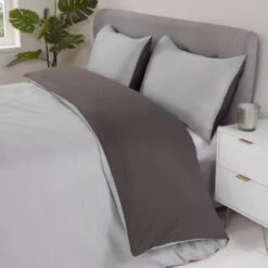 Simply Everyday Reversible Double Duvet Set With Pipe - Grey & Charcoal